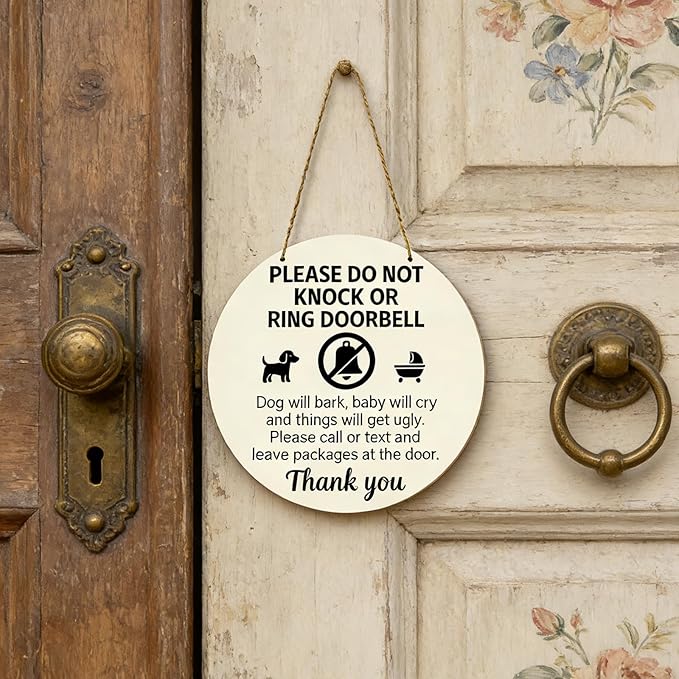 Baby Sleeping Sign For Front Door Do Not Ring Doorbell Sign Wooden Do Not Knock Or Ring Doorbell Signs Baby Sleeping No Doorbell Signs For New Parents Gifts
