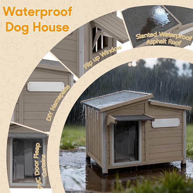 Outdoor Dog House Waterproof for Small to Medium Dogs Breeds with Openable Asphalt Roof, Anti-Chewing Iron Frame, Window, Weatherproof Indoor Outside (43.5" LX 29.5" WX 33.5" H)