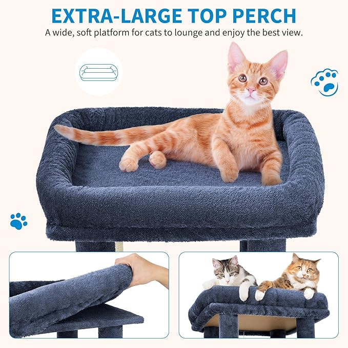 61" Large Cat Tree Tower for Indoor Cats, Heavy-Duty Multi-Level Cat Condo for Maine Coon & Big Cats with Extra-Large Perch, 2 Spacious Houses, Sisal Scratching Posts & Hanging Toys - Blue