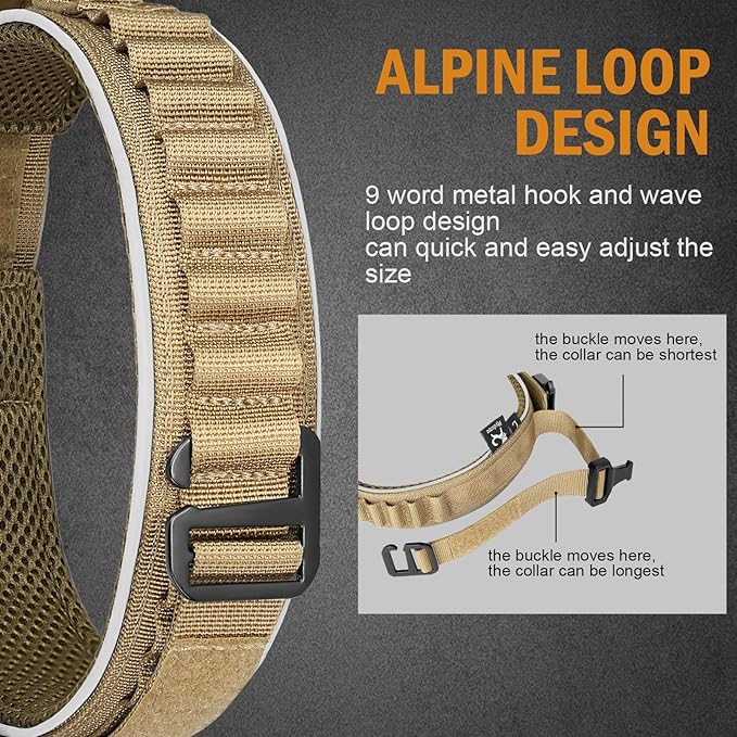 HYDEME Tactical Dog Collar and Leash Set, Alpine Loop Adjustable Reflective Military Training Nylon Dog Collars with Handle Shock Retractable Dog Leash for Small Medium Large Dogs.(XL,Brown-Set)