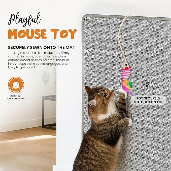 Cat Scratcher mat- Natural Sisal Cat Mat with Anti-Slip Back & Attached Sisal Mouse Toy (Natural)