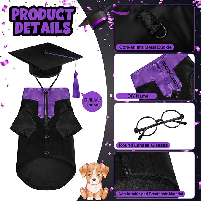 5 Pcs Dog Graduation Costume Set Include 2026 Pet Graduation Gown with Stole Puppy Grad Cap Lensless Glasses DIY Letter Stickers for Dogs Cats Holiday Costume Accessory(Black Purple,XL)