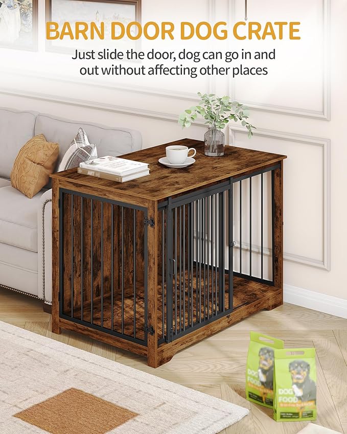 43.3" Dog Crate Furniture with Barn Door, Heavy Duty Dog Kennel Indoor with 2 Doors, Wooden Pet Cage End Table for Large Small Medium Dogs, Anti-Chew Anti-Escape, Rustic Brown DFC92301B