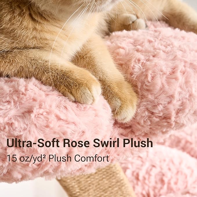 Aesthetic Flower Cat Tree Tower with Scratching Post for Indoor Cats, 37" H Modern Cat Tree with Wood Sculpted Branch, Flower Cat Beds, Mushroom Scratcher & Interactive Squeaky Toy, Pink