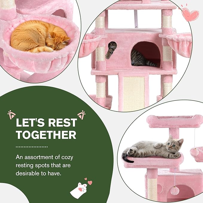 MUTICOR 68 Inches Multi-Level Large Cat Tree Tower with Condo/Cozy Plush Perches/Sisal Scratching Posts and Hammocks/‌Feline Activity Center Play House/Wide Base/Pink
