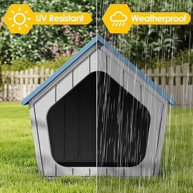 LHBcraft Cat House Outdoor Indoor, Sturdy Waterproof Plastic Cat House for Small to Medium Sized Cats, Resin Cat Shelter with Air Vents, Easy Clean and Assemble, Grey (Blue-22.4" D x 18" W x 22.2" H)