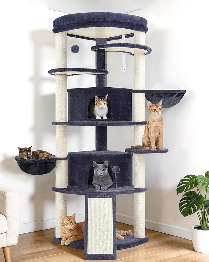 Corner Cat Tree for Indoor Cats, Cat Tower with All Sisal Scratching Posts, Multi-Level Cat Condo wth 2 Large Cat Caves, Big Top Perch, 2 Hanging Baskets, Sisal Ramp, Drak Gray GCT035G