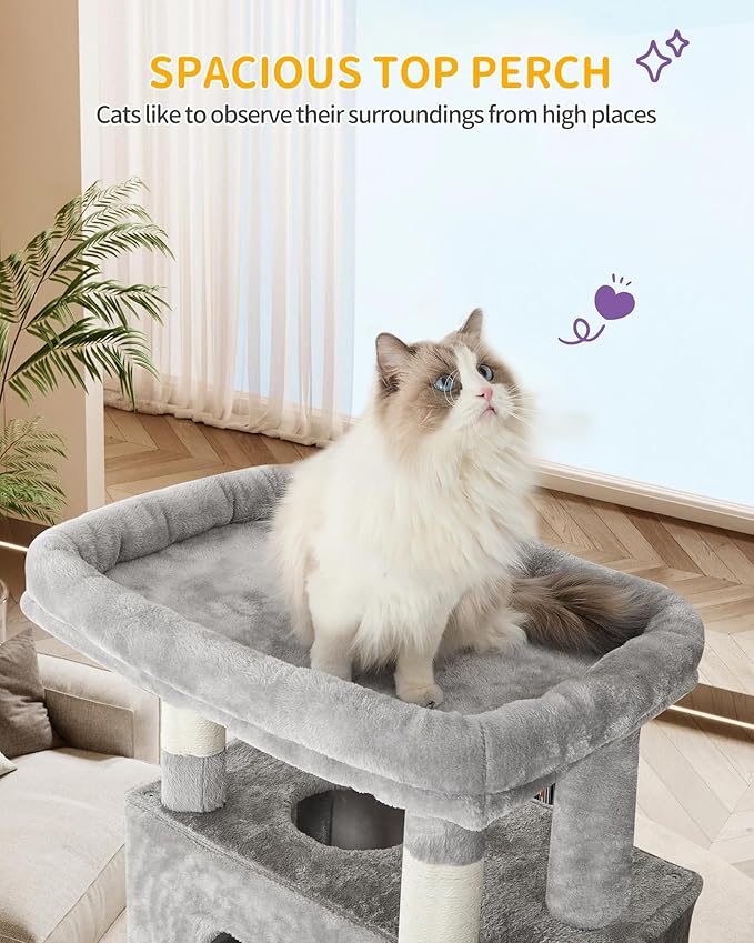Cat Tree, 66.9" Large Cat Tower for Indoor Cats, Multi-Level Cat House with Condo, 8 Scratching Posts, Hammock, 4 Pom Poms, Light Grey MS17018LG