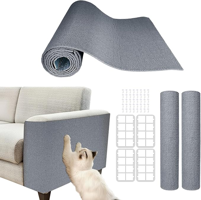 Cat Scratch Mat for Couch, Wall & Cat Tree - 78.7" Trimmable Self-Adhesive Cat Scratcher, Cat Scratch Furniture Protector, Felt Alternative to Sisal, DIY Cat Tower Replacement, 2 Pack(Light Grey)