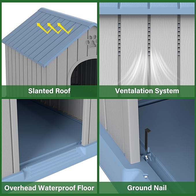 Bifanuo Large Dog House for Outdoor & Indoor, Waterproof Puppy Shelter with Air Vents & Elevated Floor, Easy Assemble Sturdy Dog Kennel for Large Dogs (Blue, 36.2''L×38''W×38''H)