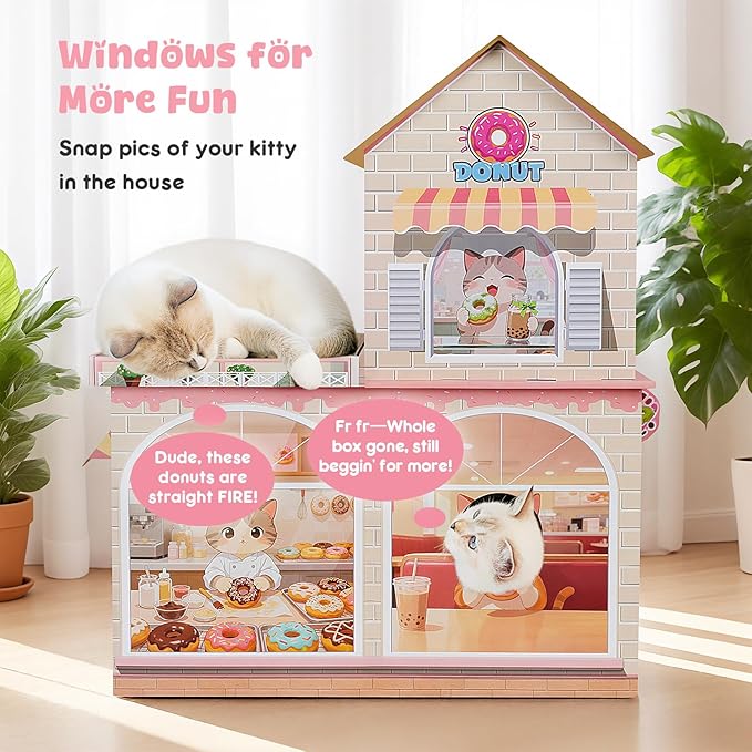 Cardboard Cat Houses for Indoor Cats - Kitten Scratcher Houses & Condos, Donuts Themed Hut Hideout Play House Bed with Scratching Pads, Scratch Box for Large Kitty Rabbit Bunny Small Animals