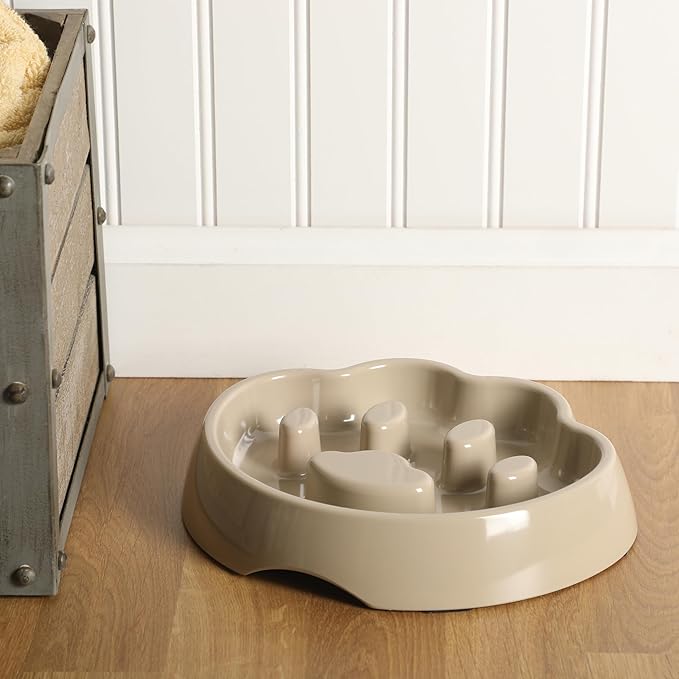 Gibson Home Curious Canines 9” Slow Feeder Dog Bowl, Paw Shaped Melamine Anti-Gulp Pet Bowl, Non-Slip, Dishwasher Safe, Taupe