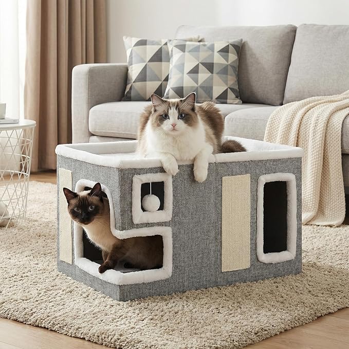 Cat Houses for Indoor Cats,Foldable with Cat Scratch Pad and Hanging Fur Ball - Washable Semi-Enclosed Cat Bed, Warming Comfy Cat Tent,22.83x16.92x12.99inch, Grey