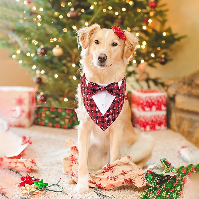 Adjustable Red Plaid Christmas Dog Tuxedo Bandana with Bow Tie - Holiday Pet Outfit Costume for Dogs XS to XL