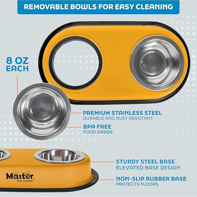 Master Pet Supply Double Dog Bowls Set with Elevated Base and 2 (8 oz) Stainless Steel Removable Dishes (Mango Tango) – Double Cat Food Water Bowl, Dog Puppy Food Bowl Set, Rust Resistant