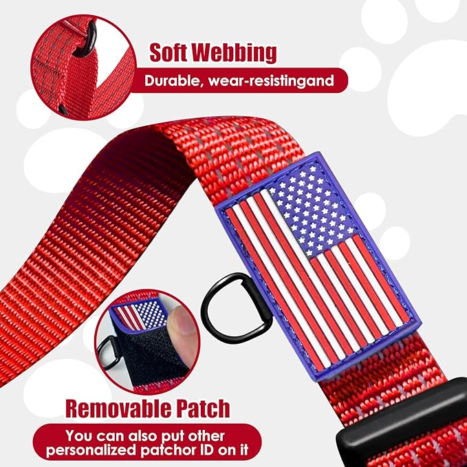 Martingale Dog Collar, Reflective No Pull Training Collar with Quick Release Buckle & USA Flag, Heavy-Duty Nylon, Adjustable for Small Medium Large Dogs (S,Red with Flag
