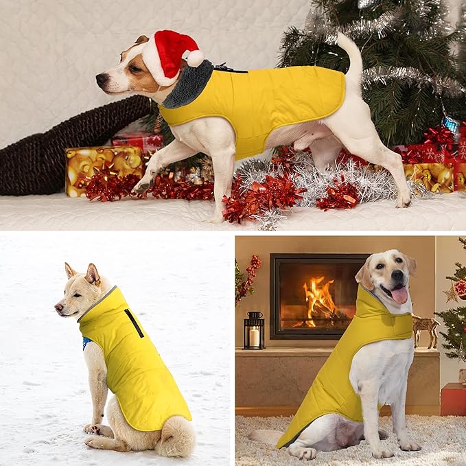 Dog Winter Coat, Waterproof Dog Jacket with Leash Hole, Reflective Adjustable Pet Snow Vest, Warm Fleece Sweater for Small Medium Large Dogs - Yellow, L