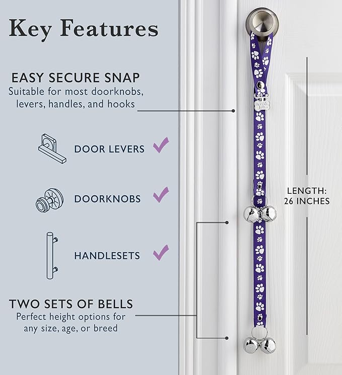 PoochieBells Dog Doorbell, Dog Potty Training Bells, Dog Safe USA-Made w/Perfect Sound,Dog Trainer Approved, Housetraining Made Easy & Quick, Sig Tracks Purple