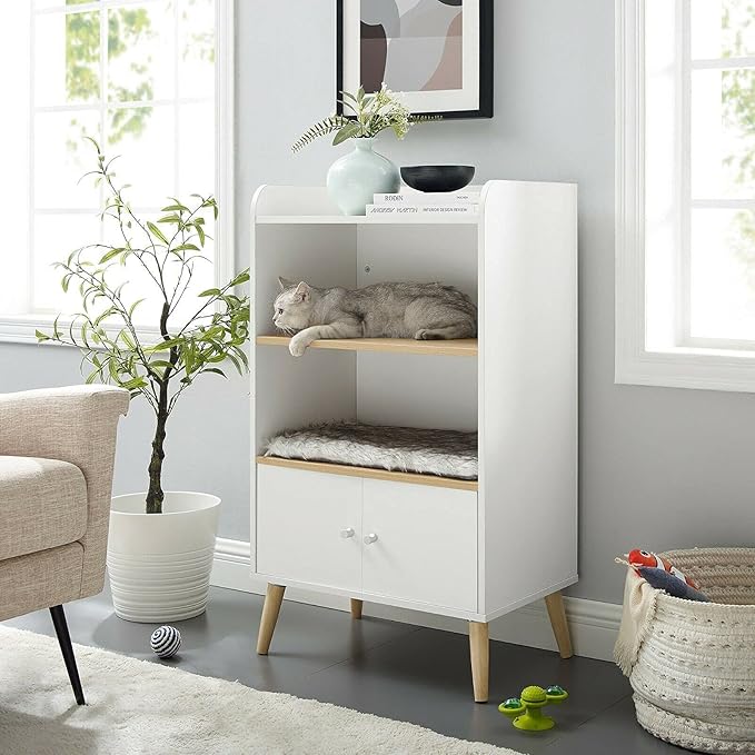 Sam's Pets Becky 39" Single Rest Cat Tree, White - Drawer, Bookshelf, Multi-Use, Soft Fur Cushion, Elevated Wooden Legs