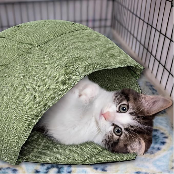 2 Pcs Cat Sleeping Bag, Linen Fabric Nest Cat Bed Cave Leaf Cuddle Covered Pet Hide Cozy Hood Burrowing Zone Soft Durable Washable with Nonslip Bottom for Indoor Puppy and Kitten(Green)