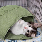 2 Pcs Cat Sleeping Bag, Linen Fabric Nest Cat Bed Cave Leaf Cuddle Covered Pet Hide Cozy Hood Burrowing Zone Soft Durable Washable with Nonslip Bottom for Indoor Puppy and Kitten(Green)