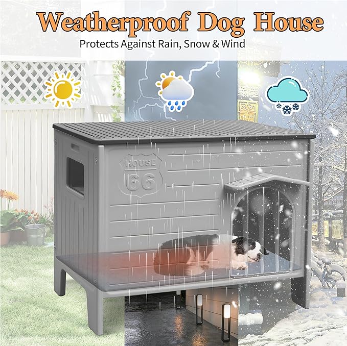 Large Dog House Outdoor with Dog Mat Weatherpoof Plastic Dogs Houses Indoor Waterproof Stray/Pet Dog Shelter Outside for Large and Medium Dogs