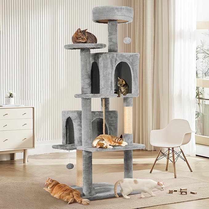 58.5inch Large Cat Tree Tower Condo for Indoor Cats, Soft Plush Multi-Level Climbing Tree Cat House with Cat Cave, Scratching Post, More Entrance/Exit, Sisal Rope, Light Grey
