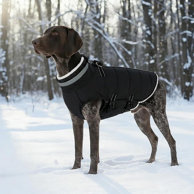 Mklhgty Large Dog Coat with Harness Built-in, Waterproof Reflective Fleece Lined - Warm Windproof Winter Jacket with Back Zipper, Cold Weather Snow Dog Coats - Black - XL