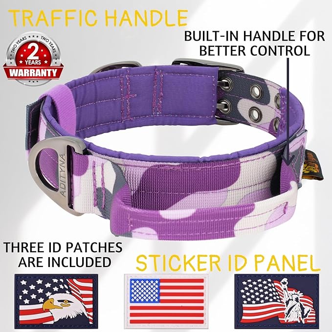 ADITYNA Heavy Duty Dog Collar for Large Dogs - Camo Purple Collar with Handle for Training, and Walking - Wide, Thick, Tactical, Soft Neoprene Padded