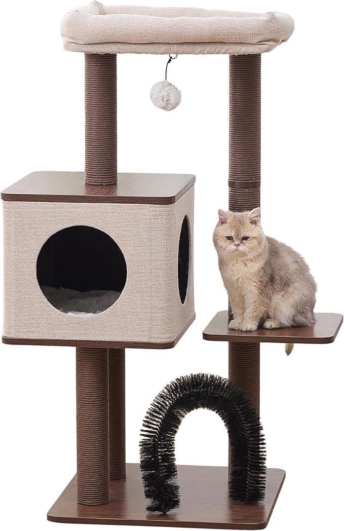 Petpals 4 Level 43" Minimalist Design Cat Tree with Wood Condo,Replaceable Paper Rope Scratching Posts,Full Body Bruch,Removeable and Washabel Bed (Brown and Beige)