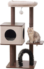 Petpals 4 Level 43" Minimalist Design Cat Tree with Wood Condo,Replaceable Paper Rope Scratching Posts,Full Body Bruch,Removeable and Washabel Bed (Brown and Beige)