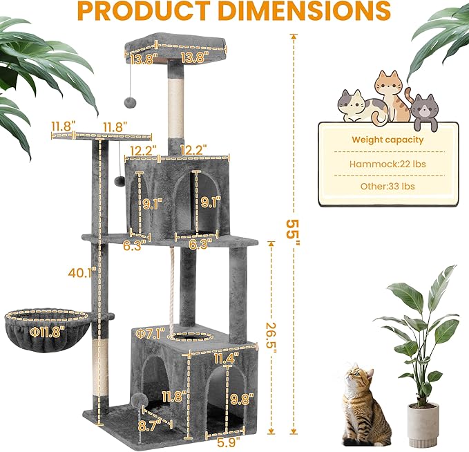 Cat Tree, 54-Inch Cat Tower for Indoor Cats,Plush Multi-Level Cat Condo with Scratching Posts, Basket, Perches,2 Caves,2 Pompoms(Gray)