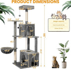 Cat Tree, 54-Inch Cat Tower for Indoor Cats,Plush Multi-Level Cat Condo with Scratching Posts, Basket, Perches,2 Caves,2 Pompoms(Gray)