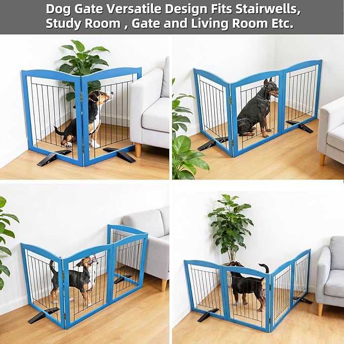 ZJSF Freestanding Dog Fence Indoor, Foldable Dog Gate for Doorways, Stairs or Hallways, Sturdy Wood Extra Wide Pet Gate with Support Feet for The House, Blue, 24 "Height-2 Panels