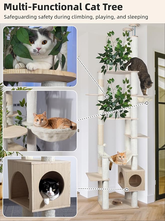 Large Cat Tree Floor to Ceiling Tower, Adjustable Height 77-101 Inches Tall, Climbing Cat Activity Furniture with Thickened Posts, Hammock Bed and Condo for Indoor Cats, White