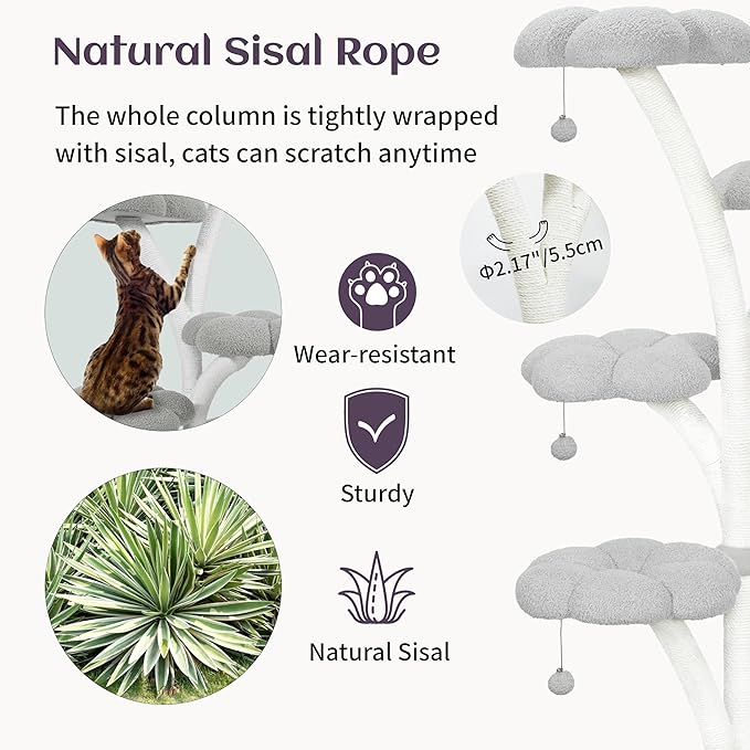 FKWin 71 Inch Tall Cat Tree, Flower Shape Scratching Post, Cat Scratcher, Cat Furniture for Indoor Cats, Kittens Pet House, Cat Bed with Hang Ball, Plush Cat Tower for Large and Small Cats(Gray)