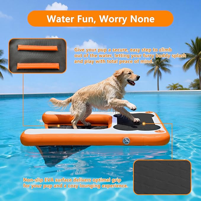 VOFiTNY Dog Pool Ramp 4.6ft x 3.3ft x 4in Inflatable Puppy Water Raft Plank Portable Pup Mat Floating Doggy Floats Ladder Boat Lake Play Bright Orange
