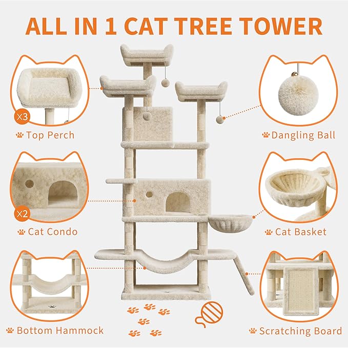 68.5 in Multi-Level Cat Tree for Indoor Cats Large Adult Heavy Duty Cat Tower for Large Cats with 2 Condos/Plush Perches/Sisal Scratching Posts/Hammocks/Basket/Dangling Balls, #2604 Beige