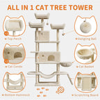 68.5 in Multi-Level Cat Tree for Indoor Cats Large Adult Heavy Duty Cat Tower for Large Cats with 2 Condos/Plush Perches/Sisal Scratching Posts/Hammocks/Basket/Dangling Balls, #2604 Beige
