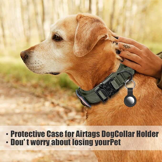 Tactical Military Dog Collar - Adjustable Nylon, Heavy Duty Metal Buckle with Handle for Training, Patches (Green, XL)