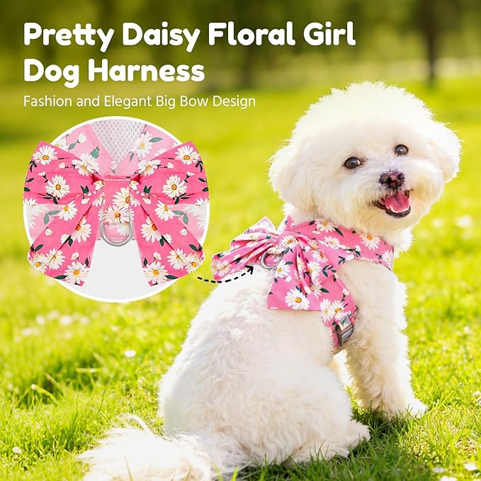 BAEJMJK Dog Harness and Leash Set with Bow Knot No Pull Pet Daisy Floral Harness with D-Ring Soft Mesh Dog Harness Vest Set Escape Proof Princess Puppy Harness for Small Girl Dogs Cats（Pink M）