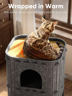 FUKUMARU Cat House for Indoor Cats, 23.62 Inch Large Cat Bed Cave Condo, 2-Storey Cozy Felt Covered Cats Tunnel Kitten Hideaway for Multicats, Scratch Resistant, Dark Grey