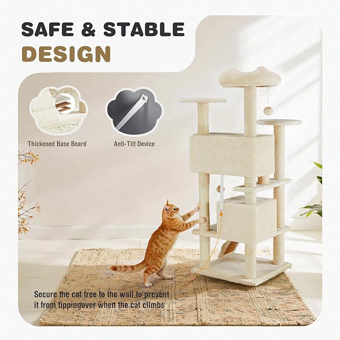 Cat Tree 54 Inch, Multi-Level Cat Tower with Condo, Perches, Sisal Scratching Posts and Climbing Ladder, Pet Play Toy Balls House for Indoor Cats