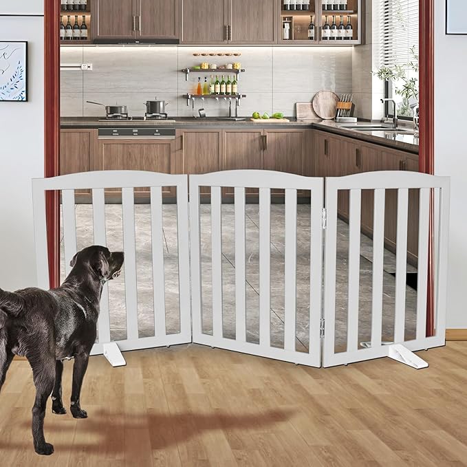 Freestanding Dog Gate Indoor,Doggie Gate Foldable Pet Gates for Doorways,Stairs or Hallways, Wooden Grey Pet Gate for the House, Pet Fence with Support Feet Included,24 "Height-3 Panels