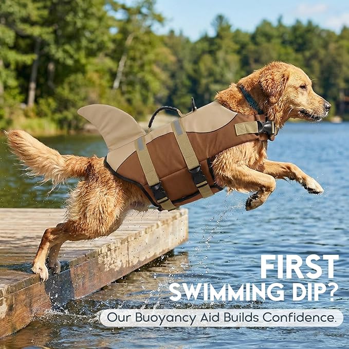 ASENKU Dog Life Jacket - Pet Safety Vest for Swimming & Boating, Shark Life Jacket with Floatation, Dog Lifesavers Swimsuits for Small Medium Large Dogs (Brown, S)