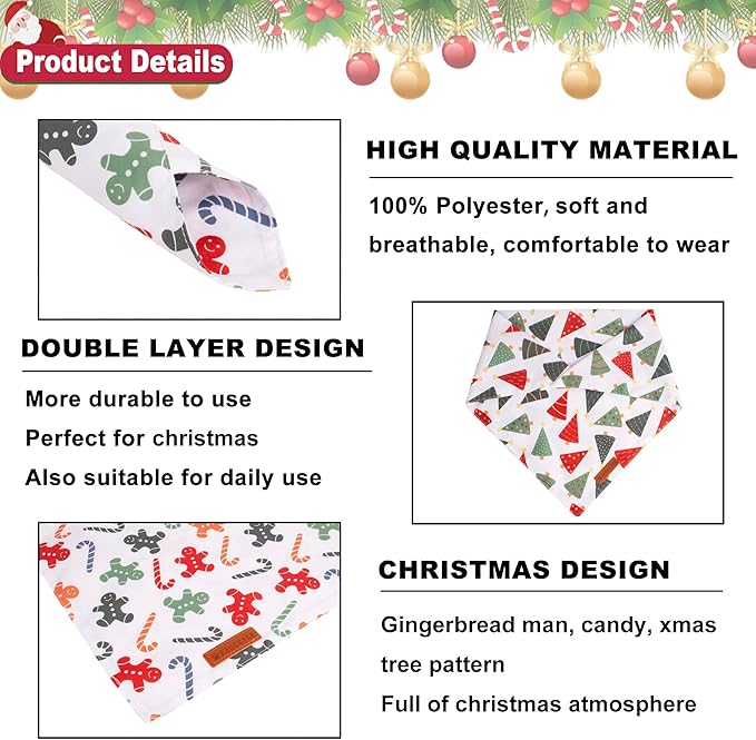 ADOGGYGO Christmas Dog Bandanas, Xmas Tree Candy Scarf, Premium Durable Fabric, White Christmas Bandanas for Medium Large Dogs Pets (Large)