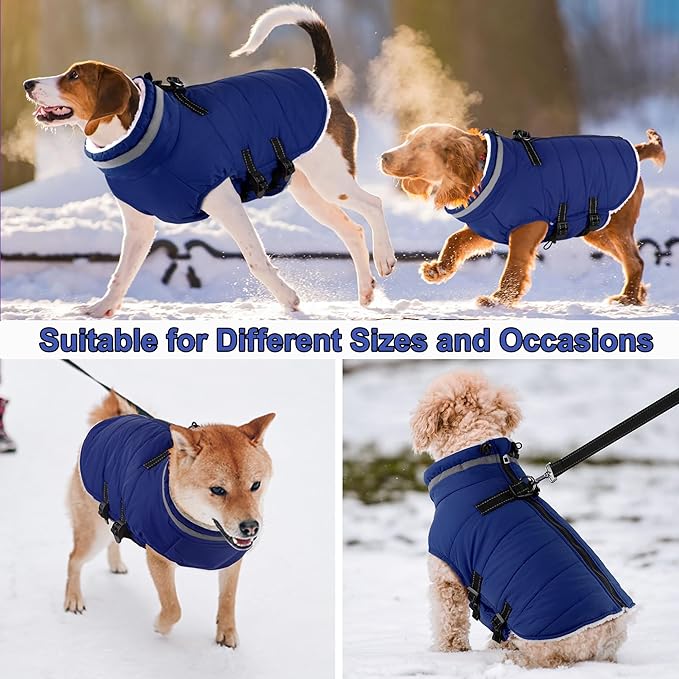 Dogcheer Dog Coat, Waterproof Dog Jacket with Harness, Reflective Adjustable Puppy Winter Coat with Zipper, Christmas Snow Jacket Clothes for Small Medium Large Dogs - Blue M