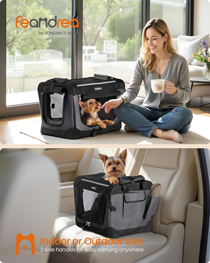 Feandrea Collapsible Dog Crate, 20-Inch Portable Dog Travel Crate for Small Dogs, Oxford Fabric Pet Carrier with 4 Mesh Doors, Handles, Storage Pocket, Water Bottle Holder, Ink Black UPDC015BH02