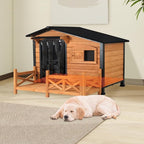 Heated Dog House for Outdoor Use with Matel Frame, Waterproof Design & Heating Blanket - All-Weather Wooden Kennel with Sliding Window & Metal Frame (Wood-H, L)