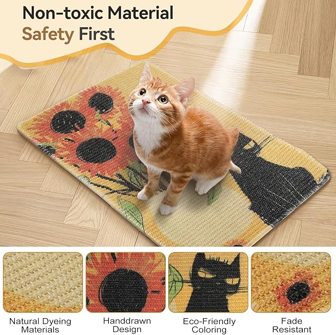 3-in-1 Sisal Cat Scratch Mat Sunflower 23.6x15.7'' Floor & Wall Cat Scratcher Pad, Protects Carpet Couch & Furniture with Sticker Tape, Anti-Slip, Durable for Indoor Outdoor Cats